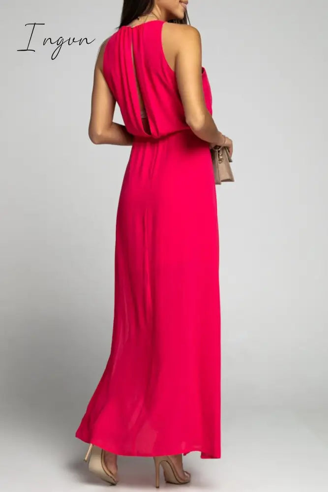Ingvn - Elegant Solid Backless Slit O Neck Sleeveless Dress Dresses