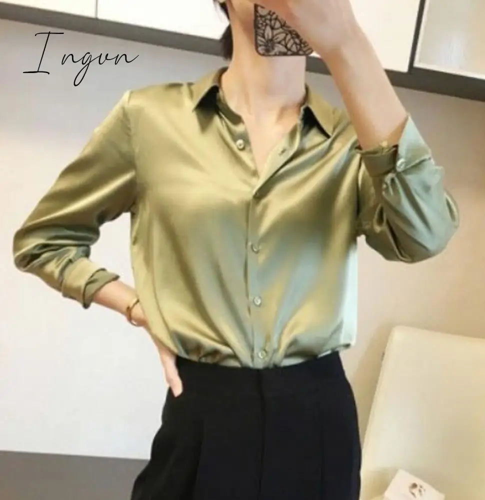 Ingvn - Brand Quality Luxury Women Shirt Elegant Office Button Up Long Sleeve Shirts Momi Silk Crepe Satin Blouses for Women Fashion Business Ladies Top