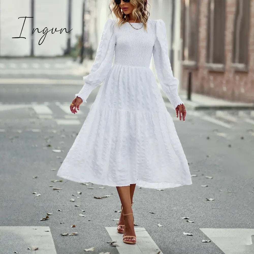 Ingvn - 2023 Spring Casual O Neck Lantern Sleeve Dress Women Loose Elegant Solid A-line Dress Lady Simple High Waist Klein Blue Dress