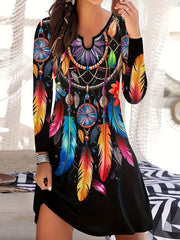 Boho-Chic Vintage Feather Print Dress - V-Neck, Long Sleeve, Stretchy Polyester Blend, Machine Washable - Perfect for Fall