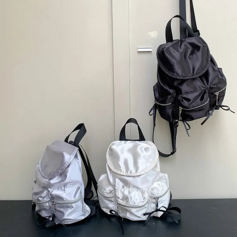 Ingvn  Nylon Pearly Light Quality Women's Backpack Casual Preppy Backpack Style Bow Elegant Travel Outdoor Double Shoulder Backpack