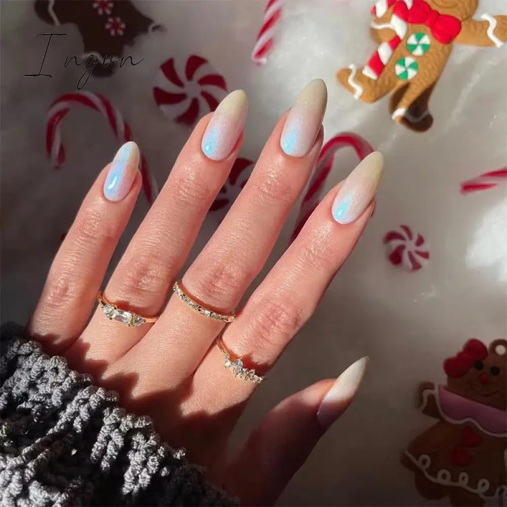24pcs Short Glitter Purple False Nails  Almond Stiletto French Wearable Fake Nails Art Artificial Full Cover Press on Nail Tips