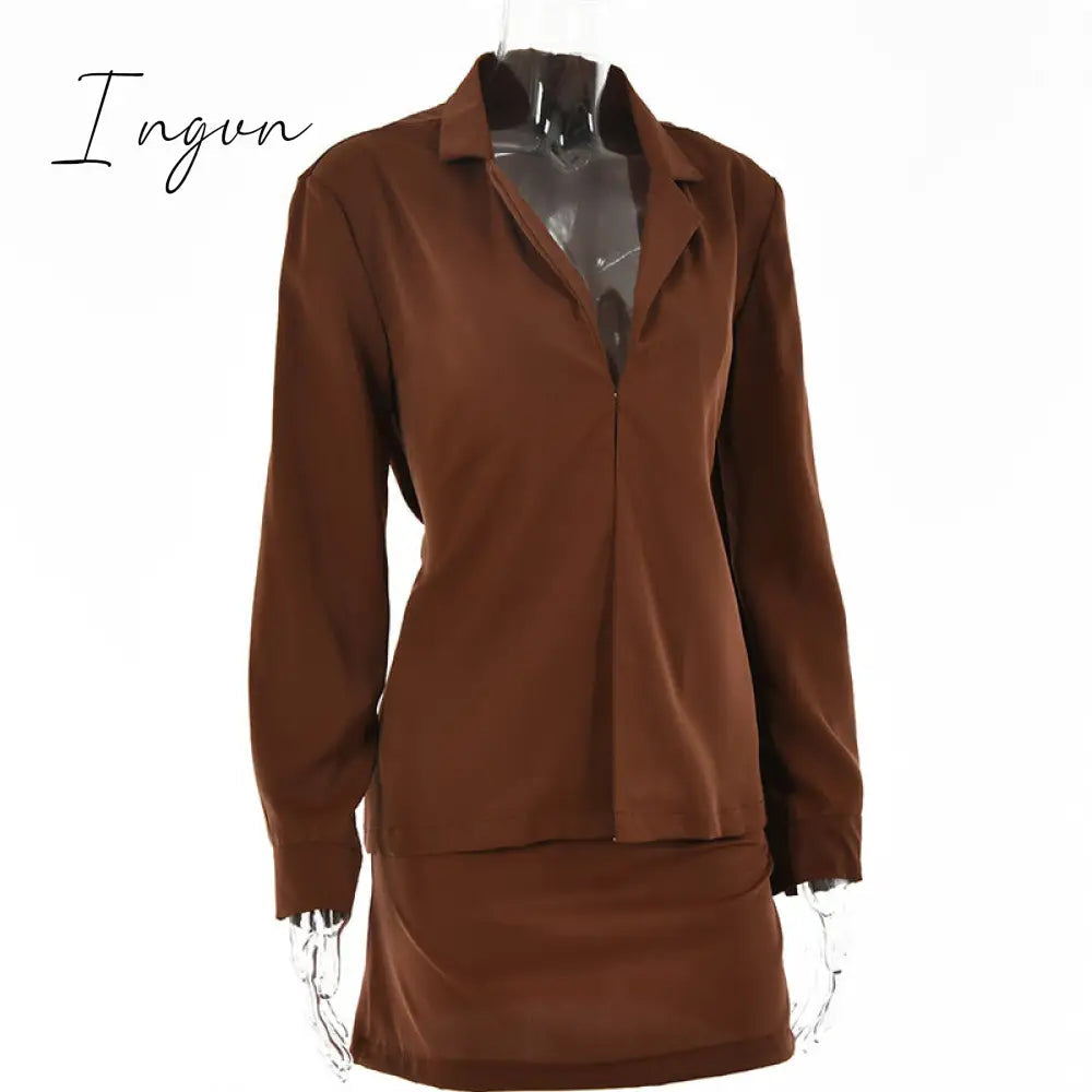Ingvn - Turn-down Collar Button Women Two Piece Set Brown Long Sleeve Top High Waist Skirt Women Autumn Sexy Slim Office Outfits