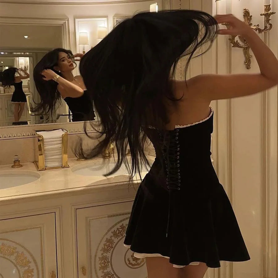 Black Strapless Christmas Dress Sexy A Line Vintage Velvet Party Mini Dresses Elegant Women Dresses