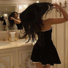 Black Strapless Christmas Dress Sexy A Line Vintage Velvet Party Mini Dresses Elegant Women Dresses