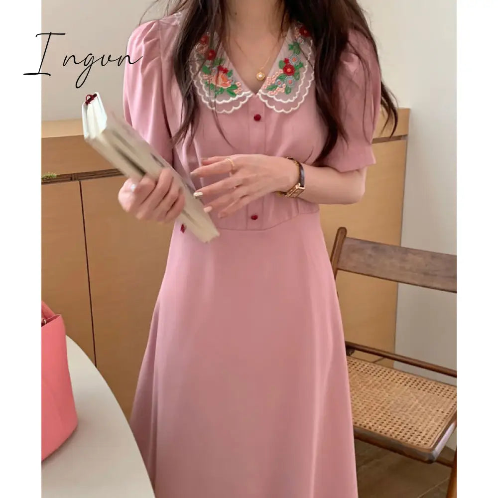 Ingvn - Summer Retro Women Midi Dress  Korea Office Lady Embroidery Floral Peter Pan Collar One Piece Female Fashion Black Pink Vestido