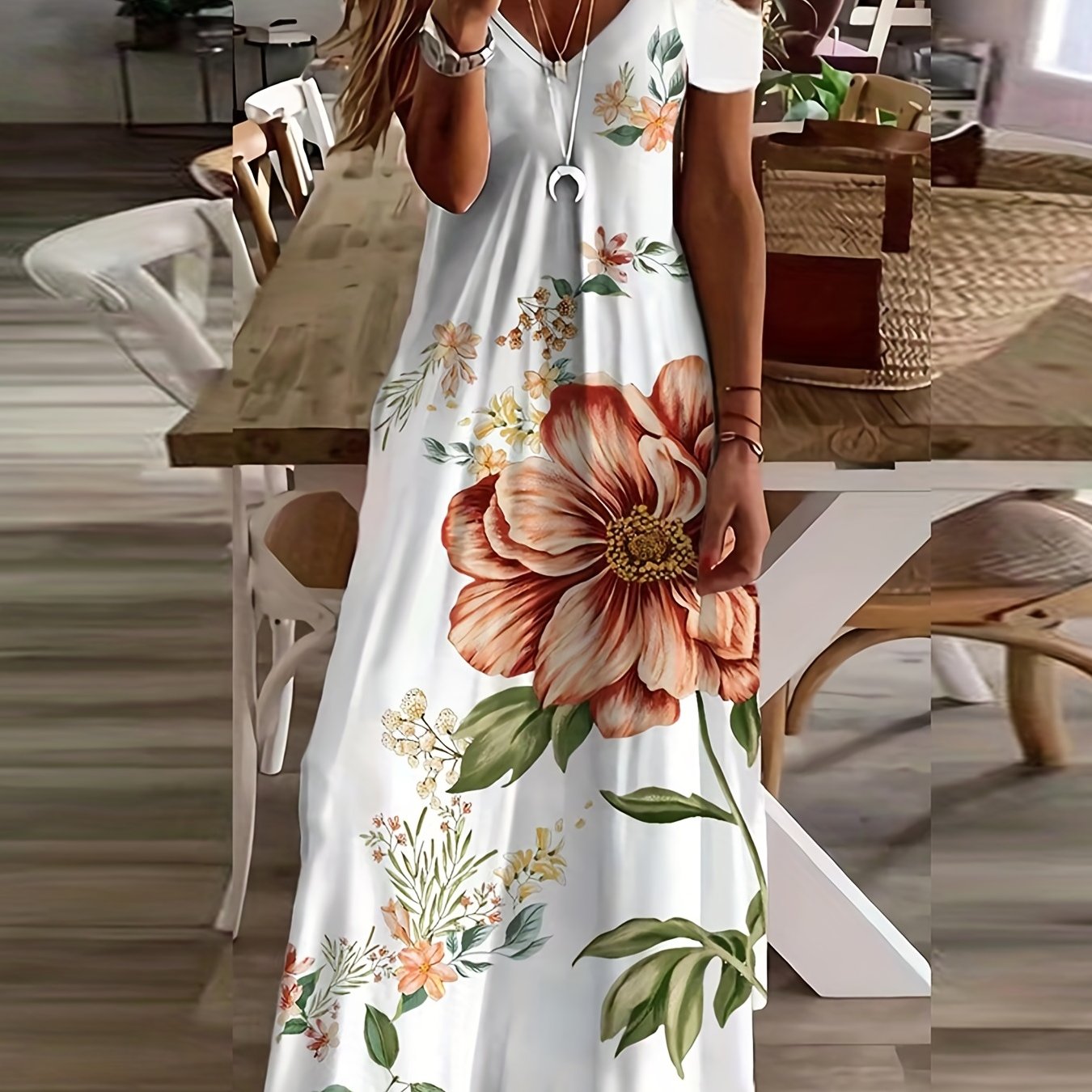Floral Print Maxi Dress - Short Sleeve, V Neck, Casual, Lace Up, Women's Clothing for Everyday Wear