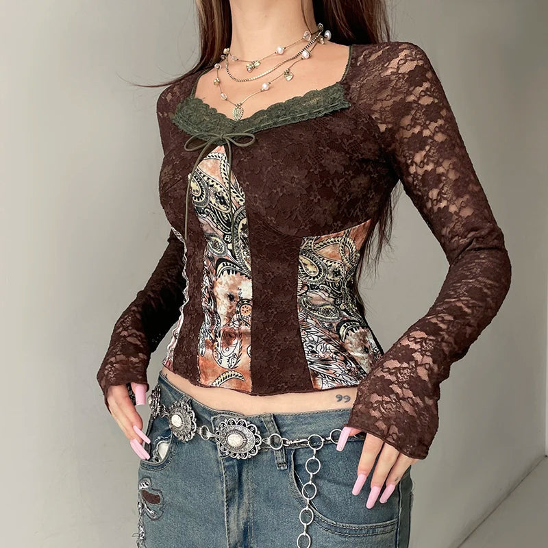 Brown Transparent Lace Sleeve Crop Top Grunge y2k Floral Print Square Collar T-shirt Women Retro Shirt Vintage 2000s Tees