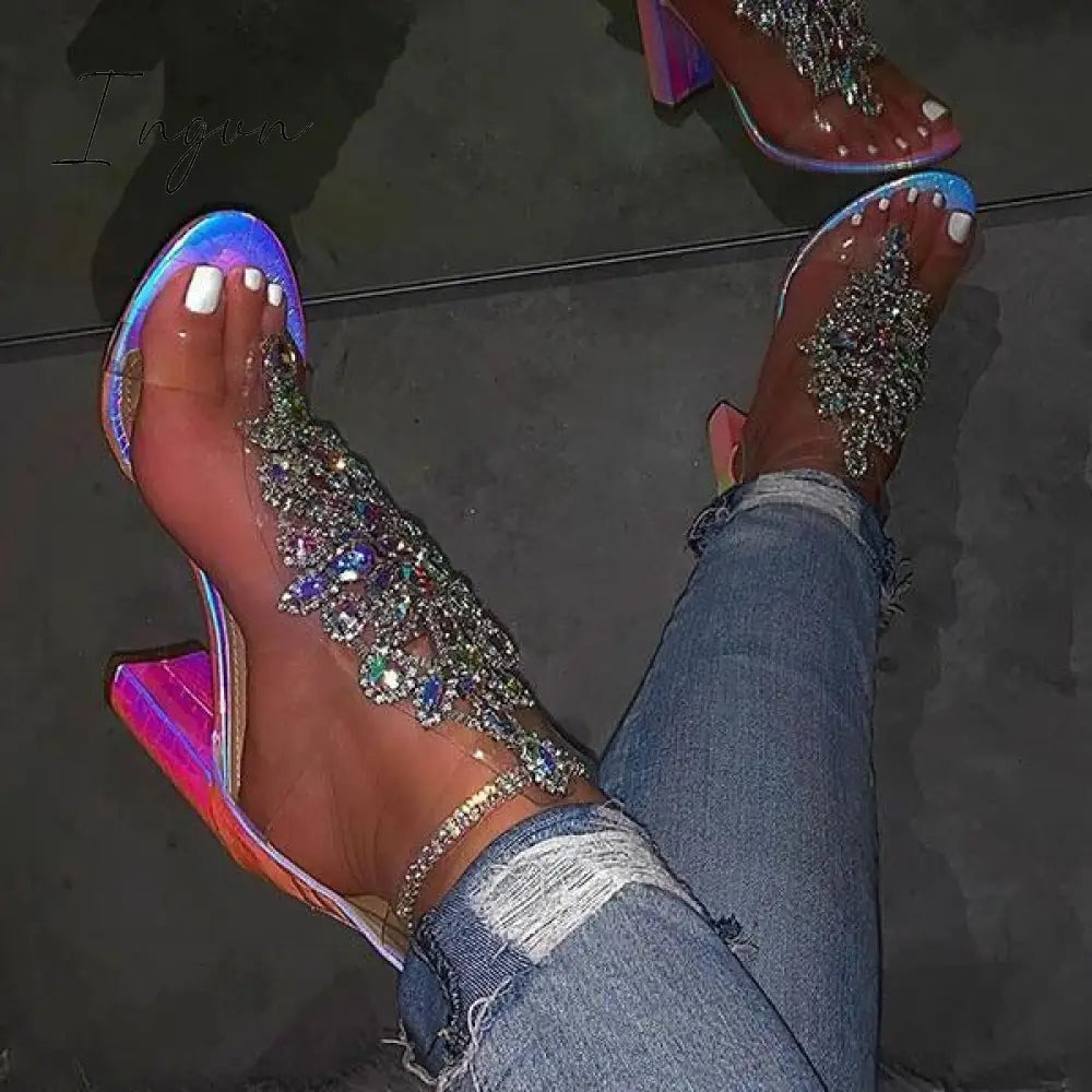 Ingvn - Line-Style Buckle Open Toe Chunky Covering Casual Rhinestone heels