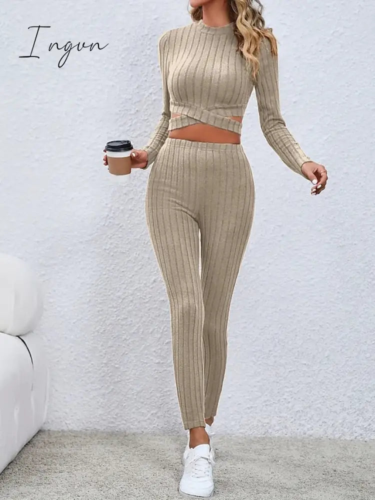 Ingvn - Women's Crop Top Pants Sets Black Red Khaki Solid Color Long Sleeve Casual Daily Fashion Round Neck Regular Fit Spring &  Fall