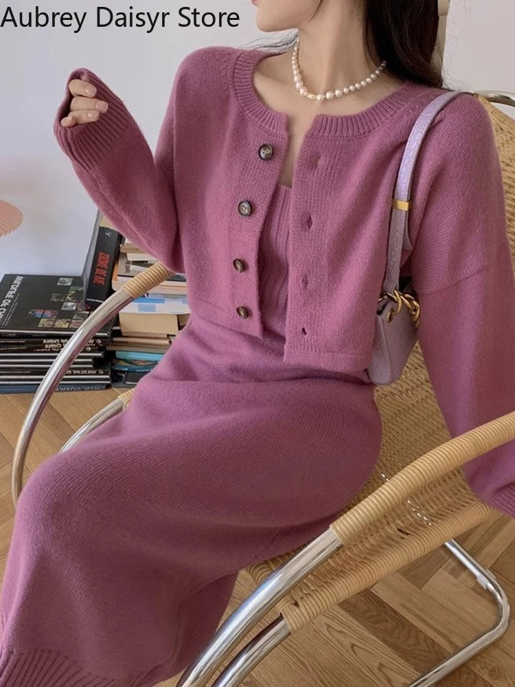 Elegant Red Knitting Dress Women Korean Fashion Office Lady Two Piece Dress Female Winter Warm Casual Christmas Party Dress