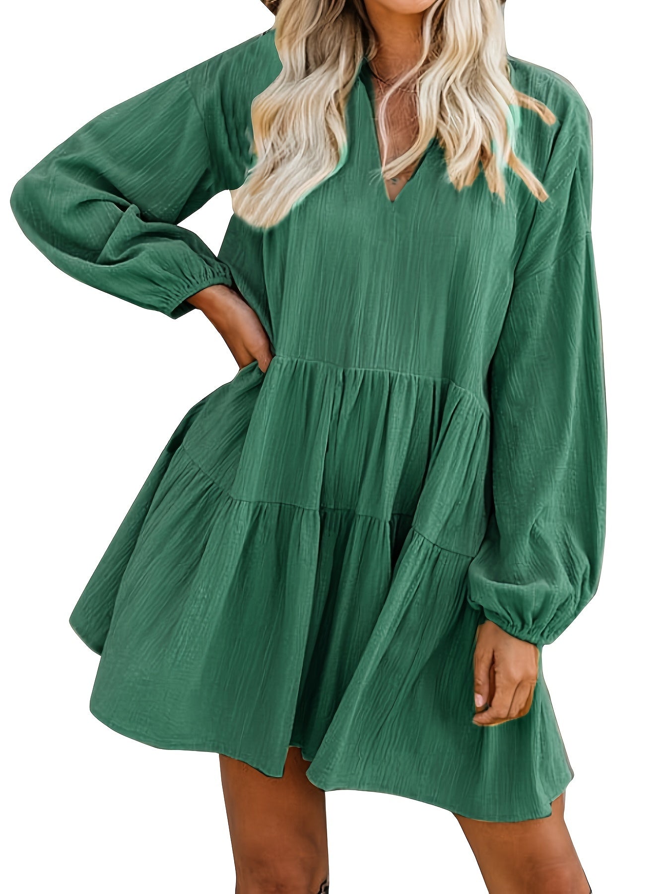 Long Sleeve Solid Color V Neck Loose Babydoll Dress, Casual Ruffle Hem For Spring & Fall, Women's Clothing