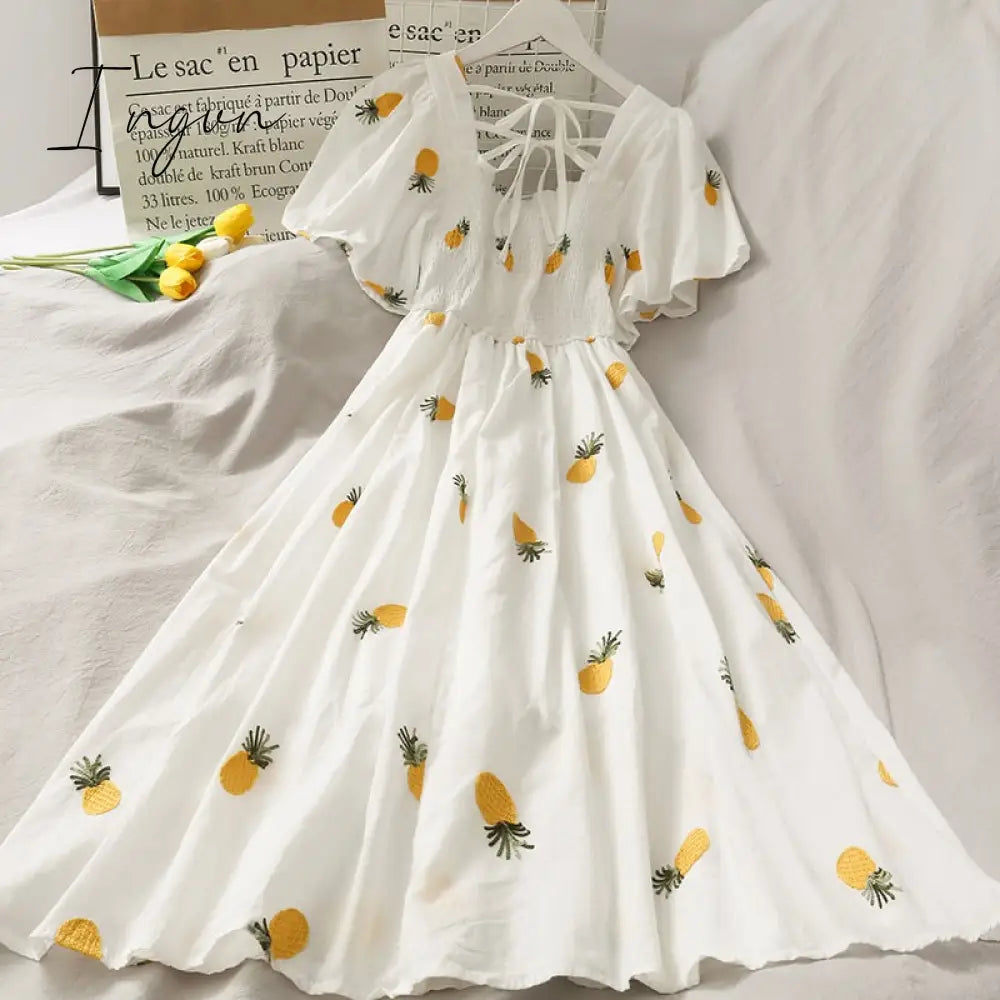 Ingvn - Strawberry Dress Cherry Kawaii Embroidery Puff Sleeve Dress Women Vintage White Square Neck Beach Dresses Korean Clothes