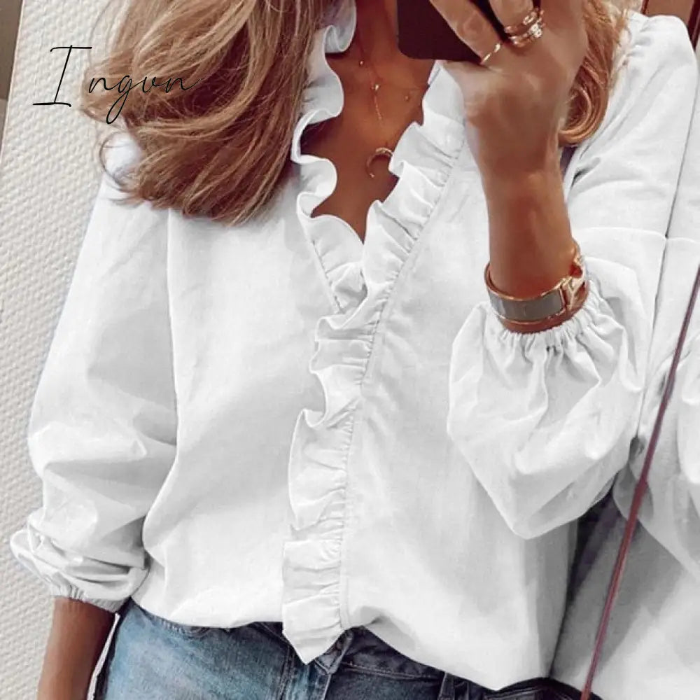 Ingvn - Womens Tops And Blouses Elegant Long Sleeve White Ol Shirt Ladies Solid Color Chemise Femme Blusa Feminina Streetwear