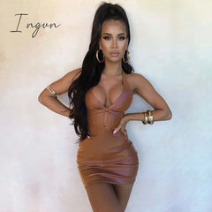 Ingvn - Sexy Halter Bodycon Mini Dresses Women PU Leather Backless Party Club Tight Short Dress Summer Black Brown Bandage Wrap Dress