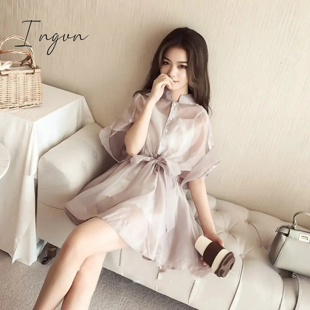 Ingvn - Summer Outfits Summer Two-piece Set Mini Dress Women Korean Short Sleeve Stand Organza Belt Single-breasted T-shirt Dresses + Cotton Base Shirt