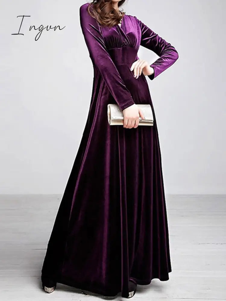 Ingvn - Women‘s Party Dress Wedding Guest Dress Velvet Dress Long Dress Maxi Dress Black Wine Royal Blue Long Sleeve Pure Color Ruched Fall Spring V Neck Fashion Party Winter Dress Evening Party 2023 S M L XL