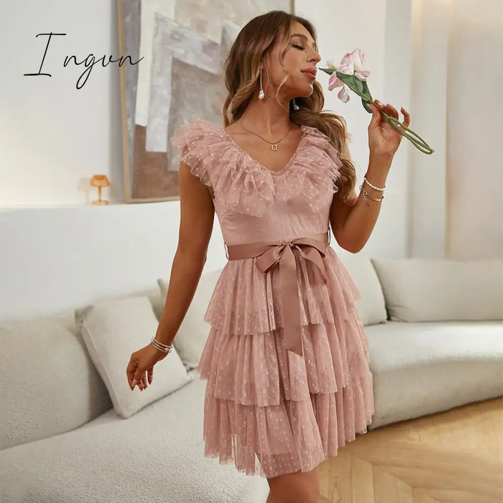 Ingvn - Fashion Trends V-neck mesh polka dot summer tulle party dress women Backless pink ruffle sleeveless dresses Elegant sash maxi vestido