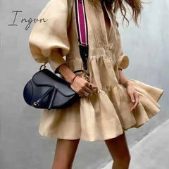 Ingvn - pleating women dress long sleeve spring autumn dress fashion ladies dress pockets mini sexy dress women