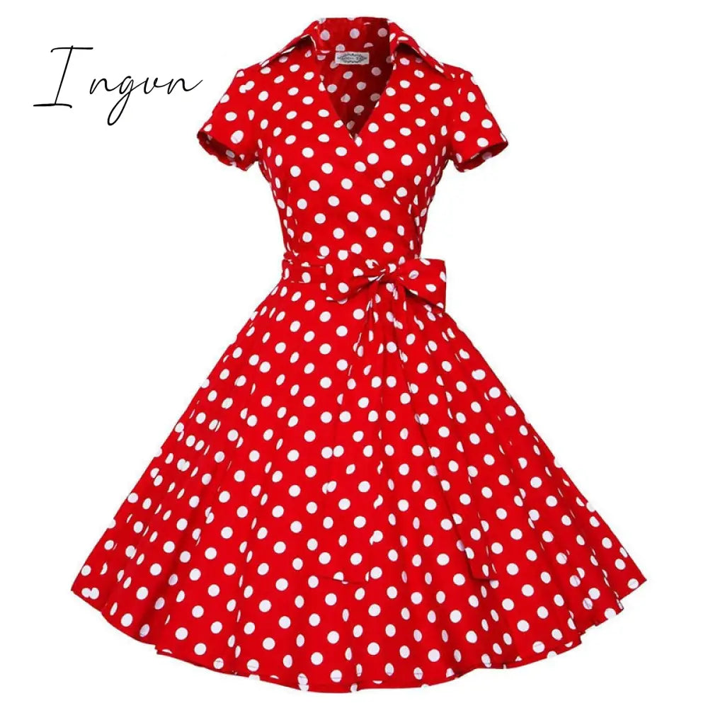 Ingvn - Audrey Hepburn Summer Dress Women Polka Dot Vintage Swing Robe Rockabilly Housewife Retro 50s Pinup Dresses Vestidos