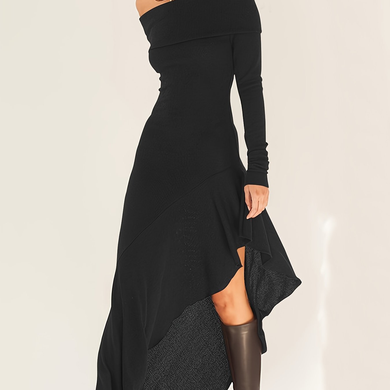 Off Shoulder Long Sleeve Dress, Elegant Backless Asymmetrical Ruffle Hem Slim Dress, Women's Clothing