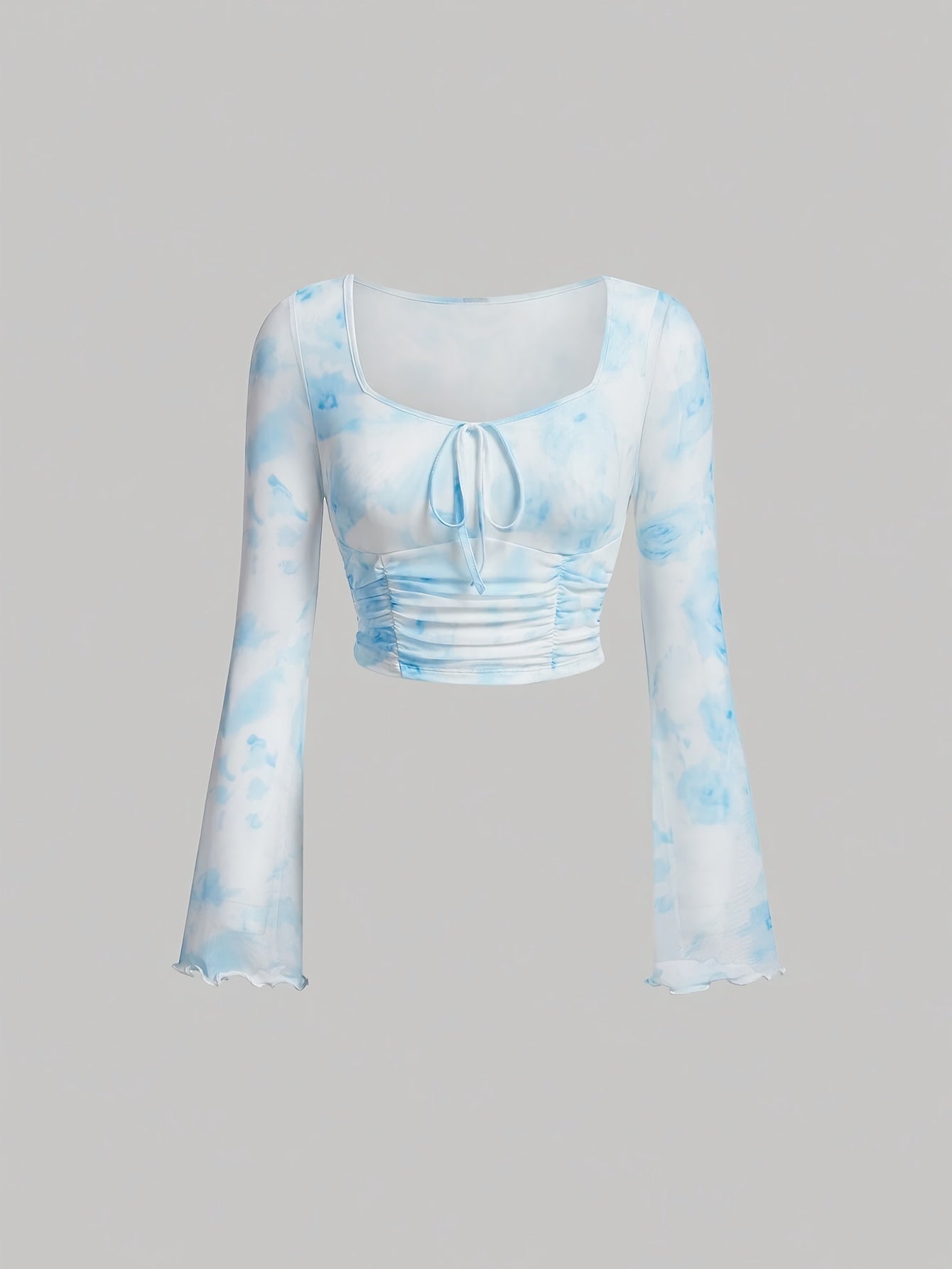 Trendy Tie Dye Print Ruched T-Shirt - Flattering Long Flare Sleeves, Casual Chic Top for Spring and Fall, Coquette Y2K Style Women's Clothing with Relaxed Fit and Soft Fabric