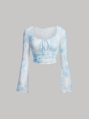 Trendy Tie Dye Print Ruched T-Shirt - Flattering Long Flare Sleeves, Casual Chic Top for Spring and Fall, Coquette Y2K Style Women's Clothing with Relaxed Fit and Soft Fabric