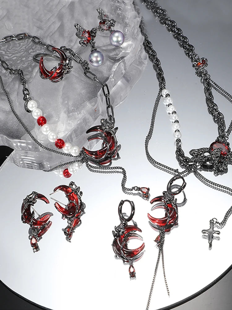 INGVN  2024 New Rose Crescent Set Asymmetrical Earrings For Women's Goth Jewelry Party Gifts