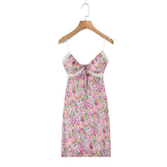 New Women Lace Spliced Floral Print Spaghetti Strap Sexy Dress Sleeveless V Neck Female Holiday Summer Dress Short