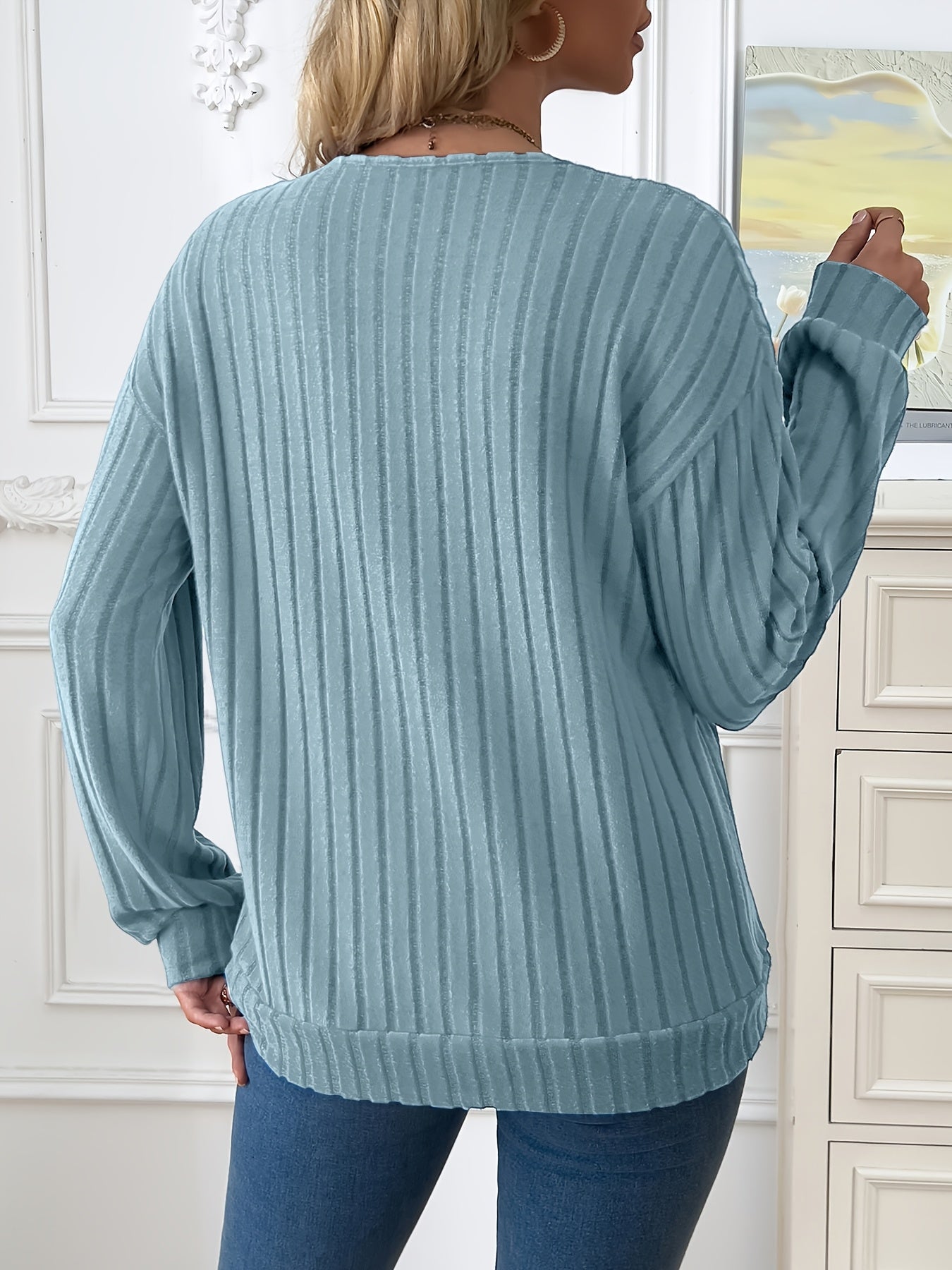 1pc Elegant Women'S V-Neck Ribbed Sweater - 100% Polyester Knit Fabric, Solid Color, Long Sleeve, Regular Length for Spring/Fall