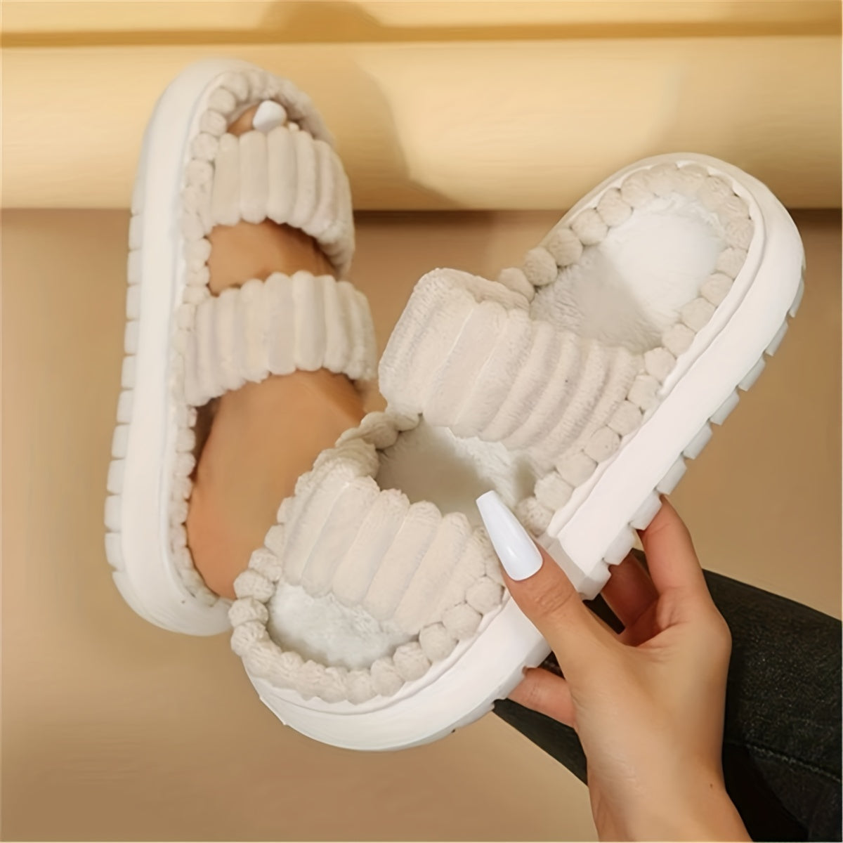 Chic Plush Double-Strap Slippers - Comfy Non-Slip Sole, Open-Toe Design - Stylish Indoor Footwear