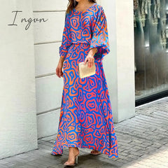 Ingvn - Women Two Piece Set Crew Neck Print Long Lantern Sleeve Top Elegant Dress High Streetwear Casual Beach Suit