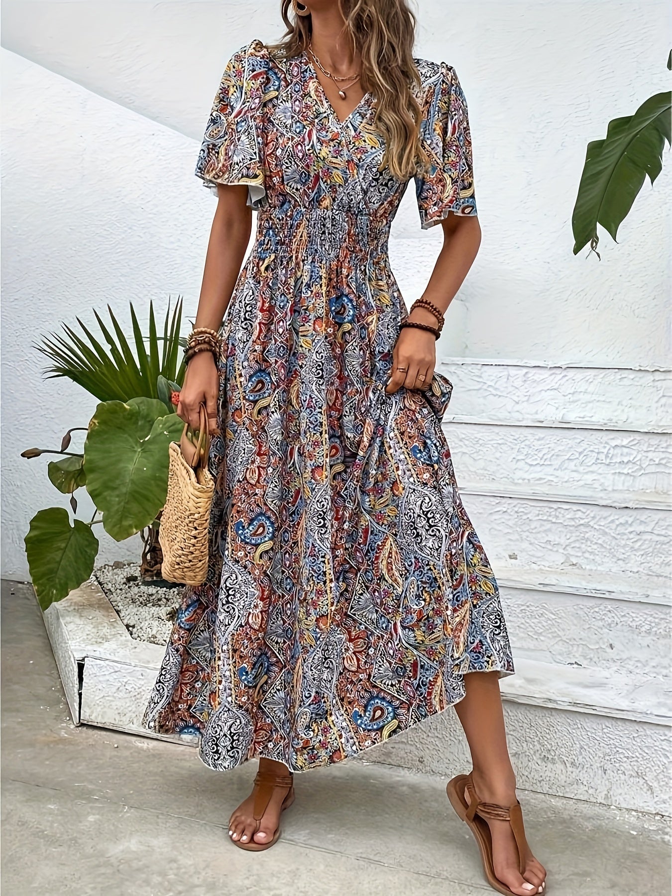 Plus Size Ethnic Floral Print Shirred Waist Dress, Casual Short Sleeve Dress For Spring & Summer, Women's Plus Size Clothing