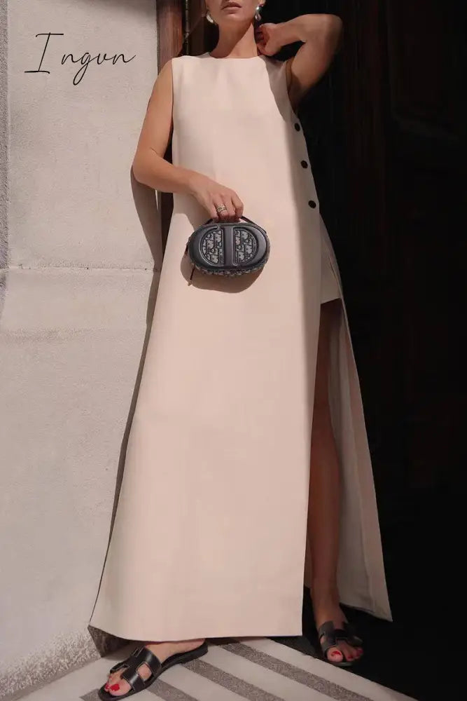 Casual Solid Buttons O Neck Sleeveless Dresses Dresses/Casual