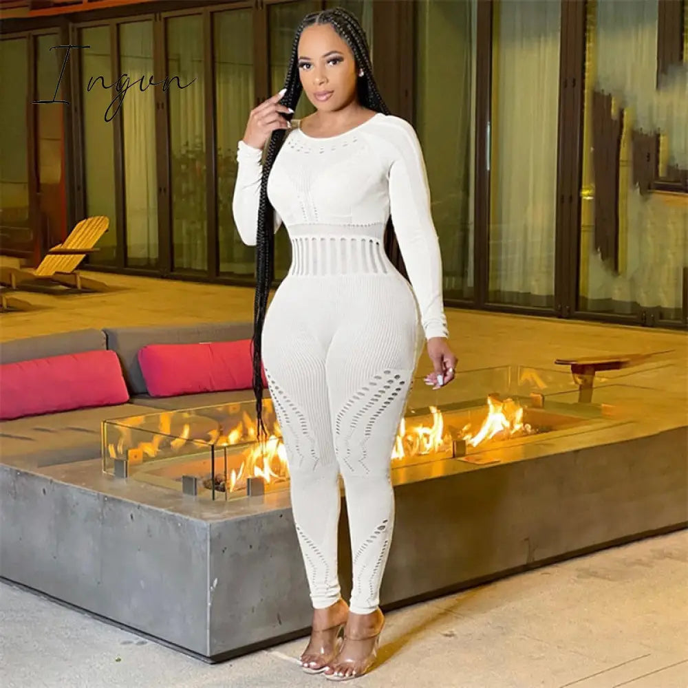 Ingvn - Hollow Out Knitted Mesh Jumpsuits Women Sexy See Through Long Sleeve Hipster Stretchy Skinny Overalls Clubwear Romper
