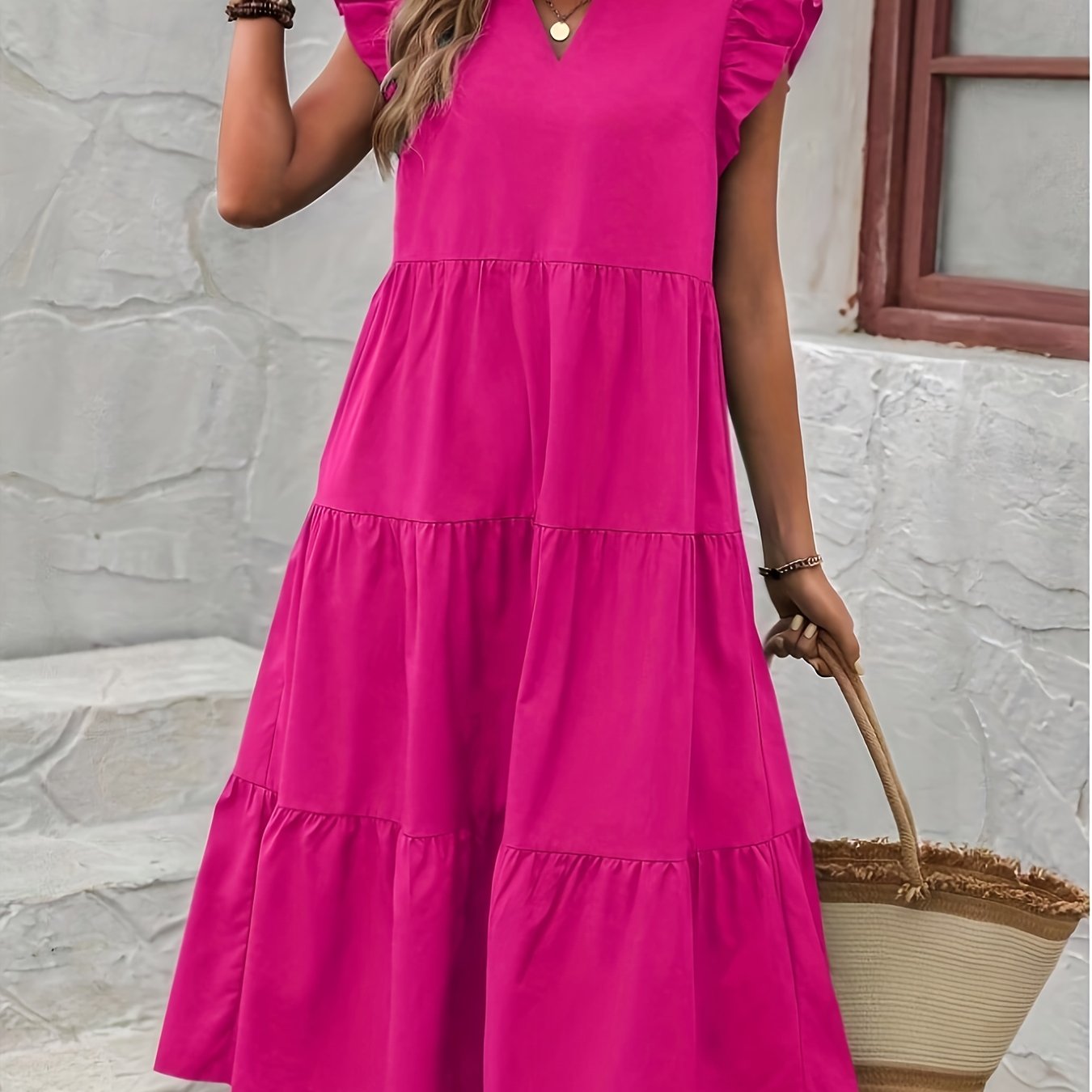 Elegant Ruffle Hem Dress - Flowy V Neck, Ruffled Sleeves, Loose Fit, Spring & Summer Essential, Women's Clothing for Elegant Dressing and Special Occasions