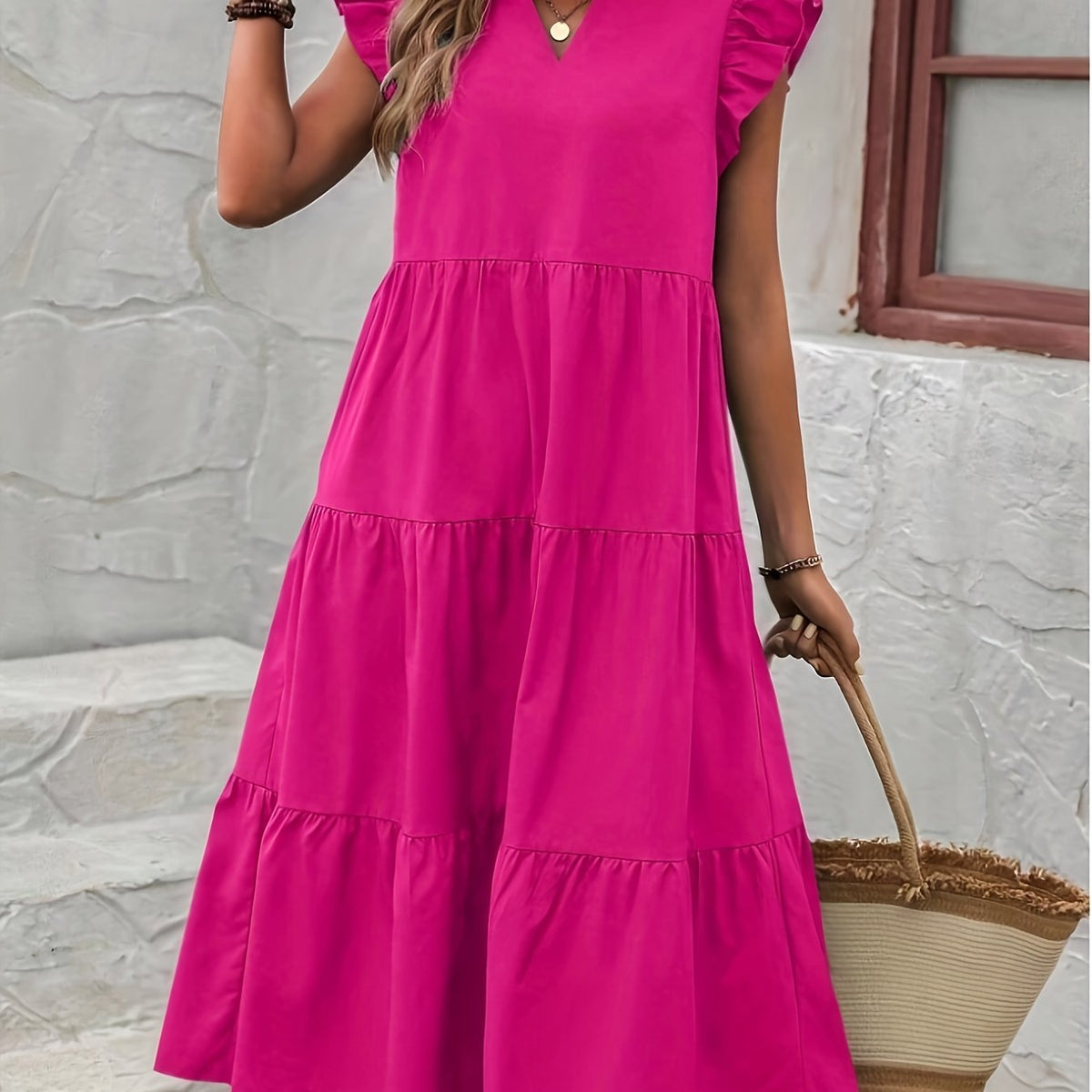 Elegant Ruffle Hem Dress - Flowy V Neck, Ruffled Sleeves, Loose Fit, Spring & Summer Essential, Women's Clothing for Elegant Dressing and Special Occasions