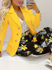Two-piece Set, Solid Long Sleeve Blazer & Floral Print Wide Leg Pants, Elegant Stylish Women's Clothing Outfits