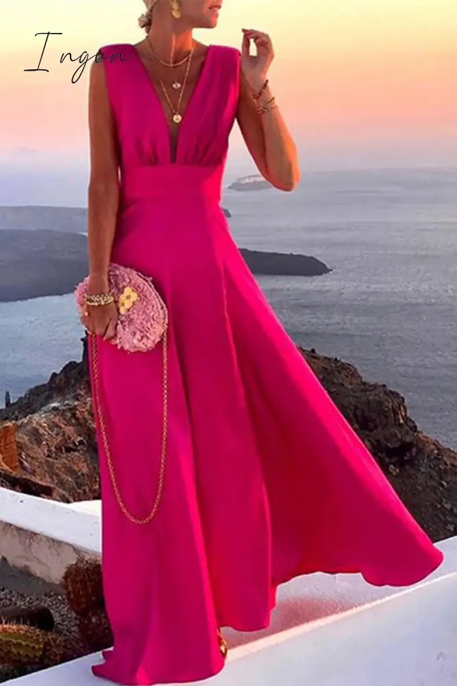 Ingvn - Casual Solid Patchwork V Neck Cake Skirt Dresses