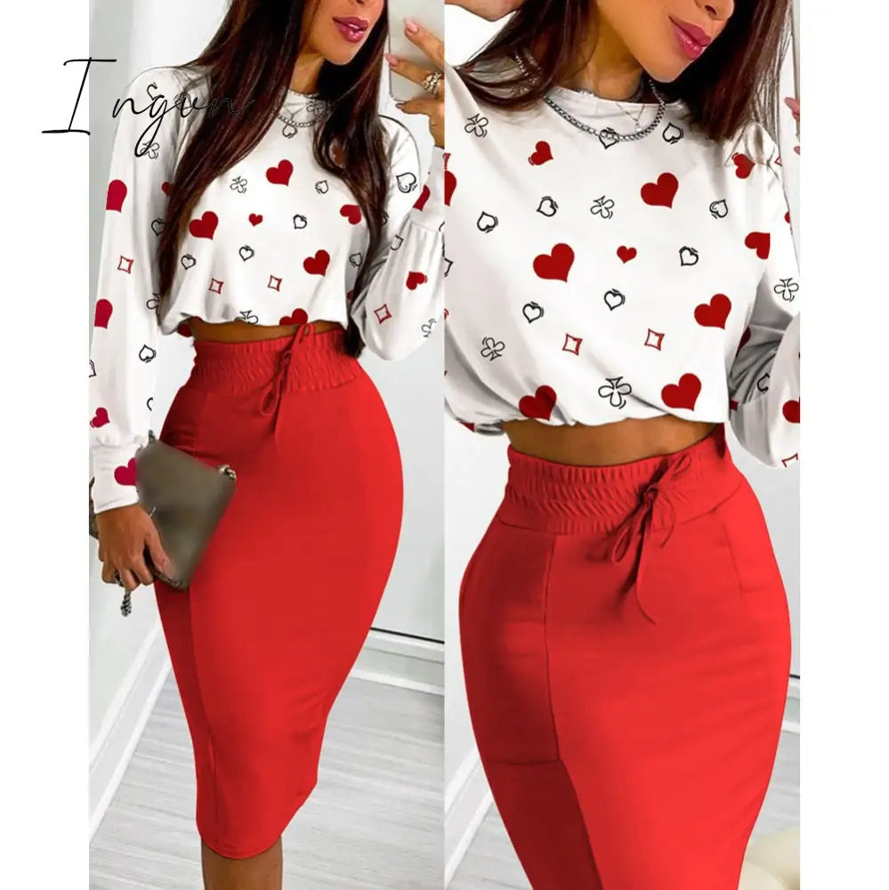 Ingvn - Sexy Crop Long Sleeve Pink Bodycon Dress Sets Women Autumn Print Cropped Feminino Two Piece Set Women Skirt Dress Suits