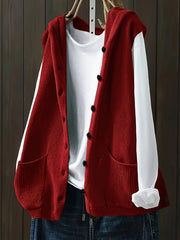 Women's Plus Size Solid Button Front Sleeveless Knitted Hooded Cardigan with Pockets, Casual Plus Size Clothing