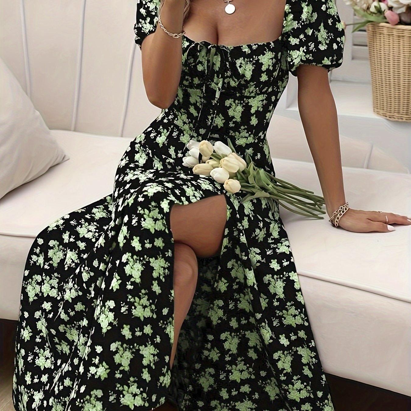 Elegant Floral Puff Sleeve Dress - Lightweight, Split Hem A-line for Spring & Summer Occasions