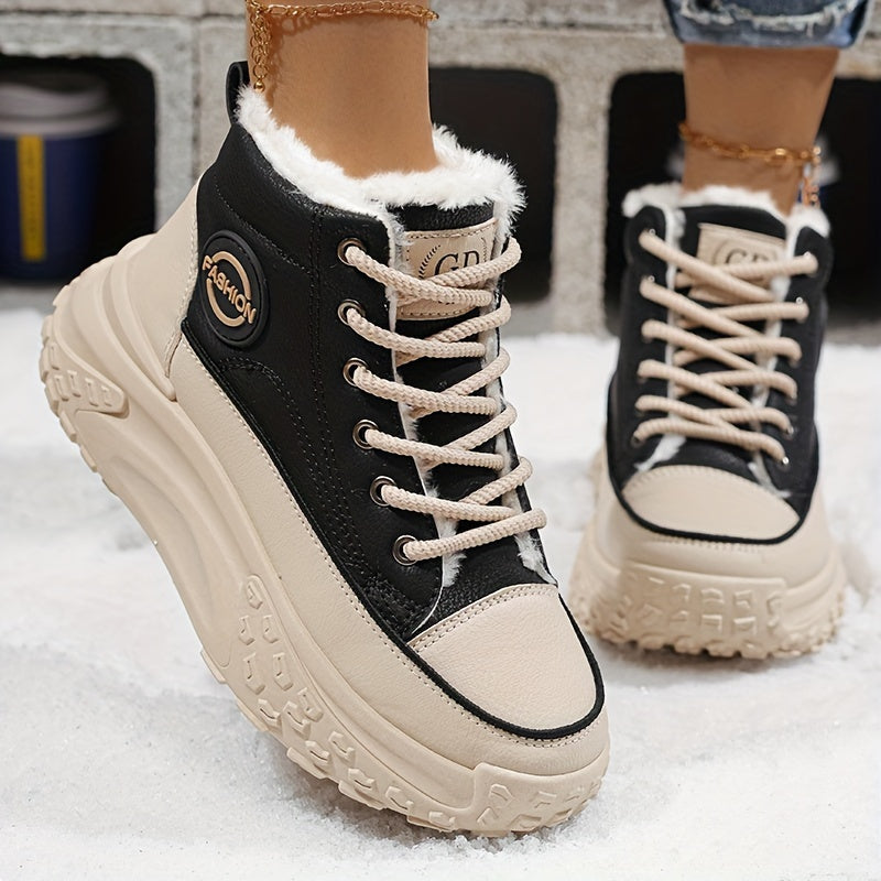Cozy & Stylish Women's High-Top Sneakers - Plush Lined, Thick Sole, Warm Winter Booties with Lace-Up Closure
