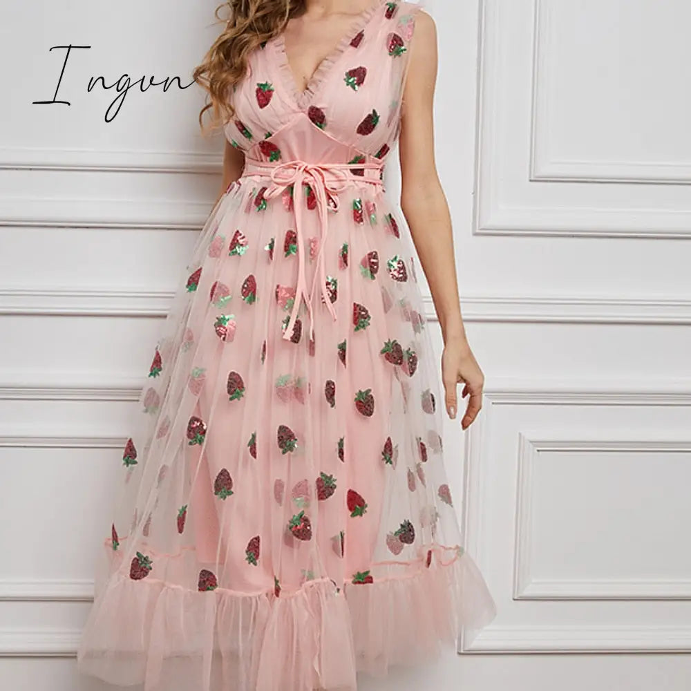 Ingvn - Strawberry Dress Women Fashion Deep V Puff Sleeve Sweet Voile Mesh Sequins Embroidery French Party Dresses 4XL 5XL
