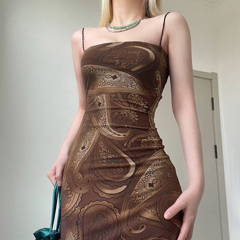 Brown Fairy Mini Dress 90s Vintage Spaghetti Strap Ruffles Short Dress Lace Boho Party Holiday Sundress Women Y2K Streetwear