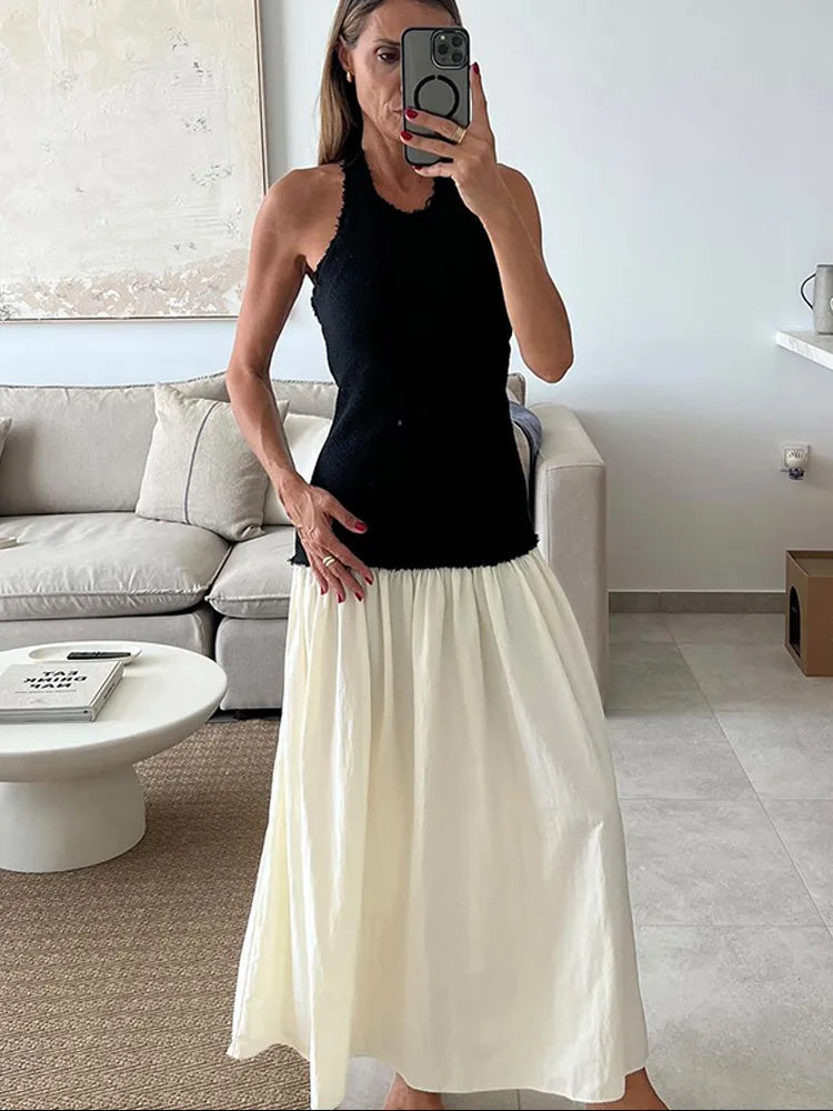 Contrast Color Knitted Patchwork Women's Maxi Dress Halter Sleeveless Backlesss Bodycon Long Robes Lady Summer Casual Long Dress