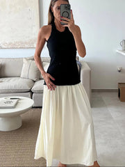 Contrast Color Knitted Patchwork Women's Maxi Dress Halter Sleeveless Backlesss Bodycon Long Robes Lady Summer Casual Long Dress