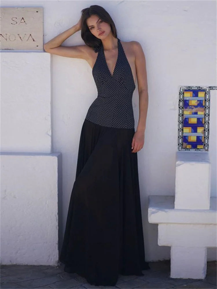 V-Neck Summer Fashion Maxi Dress For Women Contrast Patchwork See-Through Elegant Dress Slim Backless Lace-Up Long Dress
