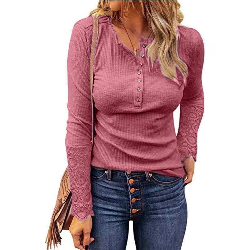 Voguable Lace Splicing Top Long Sleeve T Shirt Woman Button Slim Tops Tee Autumn Spring Patchwork Sleeve T-shirt Women Sexy Streetwear
