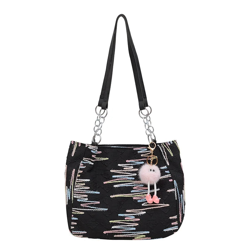 Ingvn  Fashion Forest Style Shoulder Bag Female Embroidery Retro Style Versatile Commuting Leisure Bag Large Capacity Canvas Tote Bag